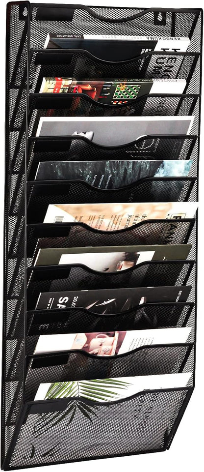 10 Pocket Mesh Hanging Wall File Organizer, Wall Mounted Mail Paper Document Folder Holder, Clipboard Storage Organization Magazine Rack with Nametag Label for Office Home School, Black