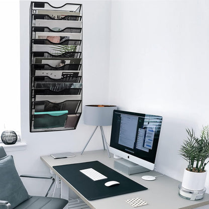 10 Pocket Mesh Hanging Wall File Organizer, Wall Mounted Mail Paper Document Folder Holder, Clipboard Storage Organization Magazine Rack with Nametag Label for Office Home School, Black